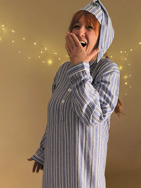 Blue 100% Organic Cotton Flannel Nightshirt With Night Cap 4 Blue 100% Organic Cotton Flannel Nightshirt With Night Cap - Image 4