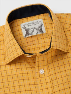 Gold Colourful Tattersall Check Cotton Shirt -Xmas Festival Shop MS93 Yellow NoOrganic Collar 28164.1665662134