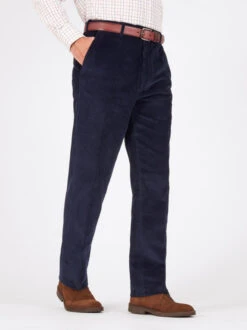 Navy Flat Front Corduroy Trousers