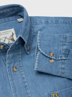 Washed Denim Long Sleeve Denim Shirt -Xmas Festival Shop Mens Blue Washed Denim Long Sleeve Shirt MS56 Collar Cuff 90911.1696419105