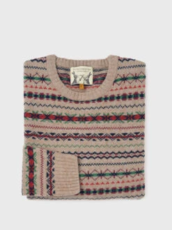 Biscuit Brown Fairisle Crew Neck Sweater -Xmas Festival Shop Mens Lambswool Fairisle Sweater Biscuit Brown MK94 Folded 85437.1698832058