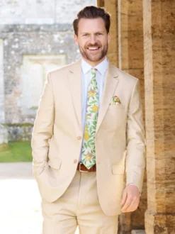 William Morris Patterned Gold Fruit Pocket Square -Xmas Festival Shop Mens Stone Cream Linen and Cotton Jacket Suit MJ95 14607.1691506809